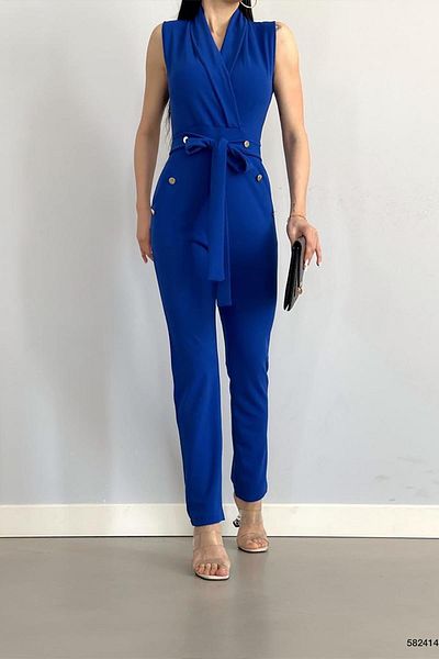 Deafox Salopetă Saks Blue Gold, cu nasturi, din stofă creponată, cu centură