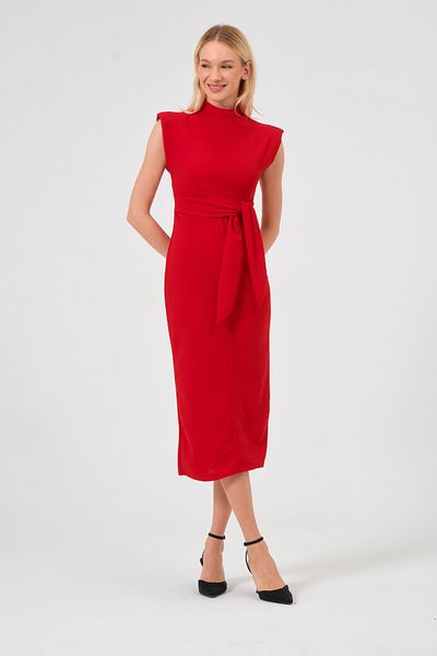 Moda Palmiss Women's Red Front Tie Slit Detailed Padded Pencil Dress