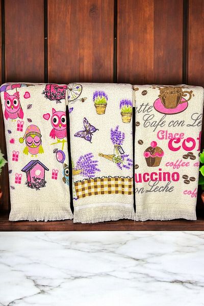 CNR Garden 3-Piece Fringed Printed Towel |   40X60 cm Hand and Face Towel Set |   Kitchen Towel