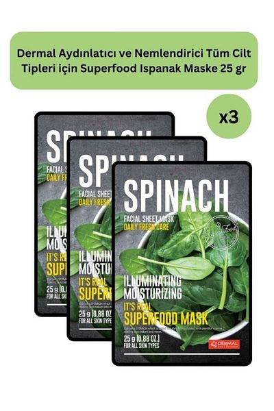 Dermal 25gr Set of 3 - Brightening and Moisturizing Superfood Spinach Mask - for All Skin Types