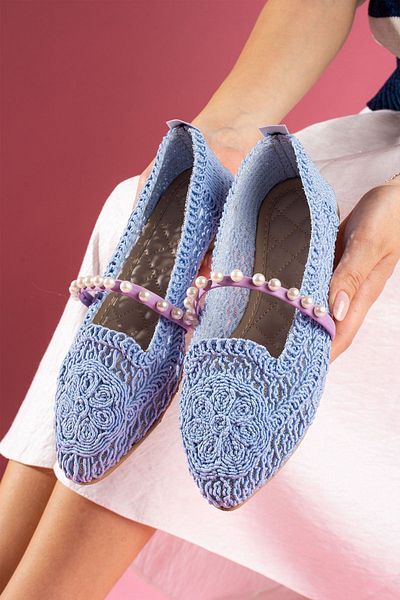 FUGA MODA Balerini Barta Baby Blue Oval Brodat cu centura de perle