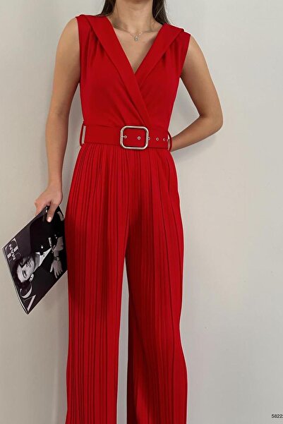 Deafox Red Belted and Pleated Wide Leg Crepe Fabric Jumpsuit