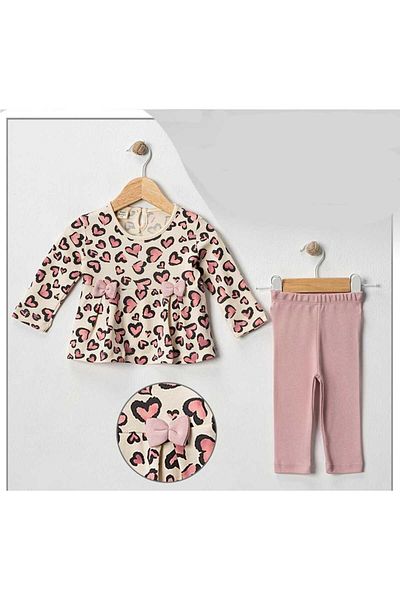 BİGÜMEX Leopard Heart Printed Ribbon Baby Girl 2-Piece Tights Set