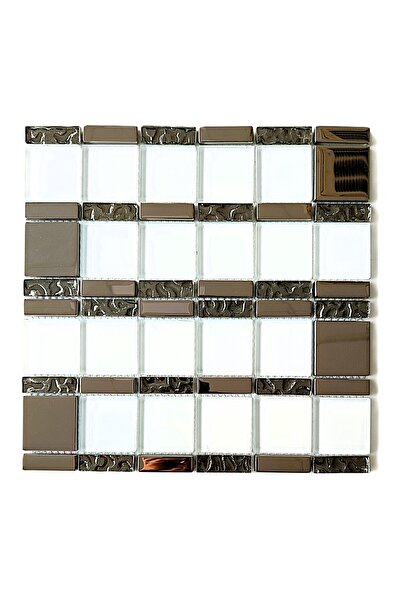 MozaiKristaL Mutfak tezgah arası 48x48mm Beyaz-Krom, 30x30 Fileli Kristal Moz...