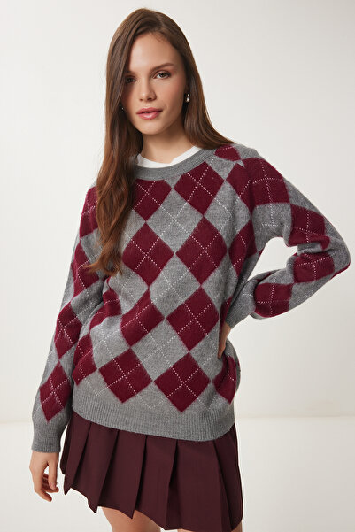 Lovelyİstanbul Diamond Patterned Soft Textured Knitwear Sweater Gray Claret Red Lpf0096