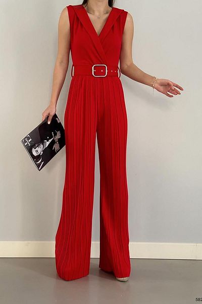 Deafox Red Belted and Pleated Wide Leg Crepe Fabric Jumpsuit