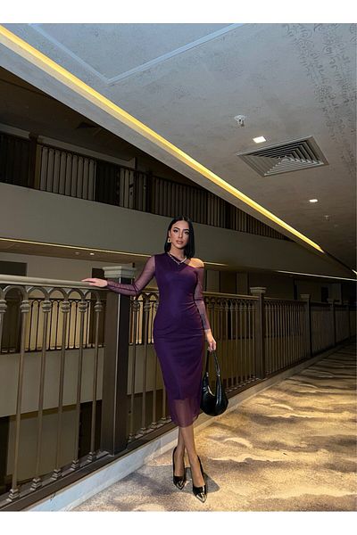 WoolnClyde Women's Purple Asymmetrical Neckline One Shoulder Tulle Detailed Midi Length Dress