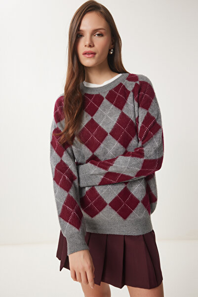 Lovelyİstanbul Diamond Patterned Soft Textured Knitwear Sweater Gray Claret Red Lpf0096