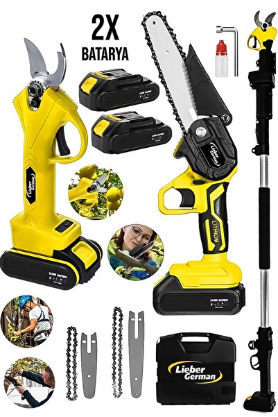 Lieber German 3ın1 2li Set 21 V 3.0ah 3 Metre Teleskopik Akülü Dal Kesme Makası Ve Budama Bıçkı Testere Makinesi