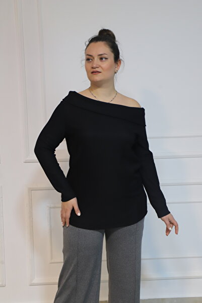 Bedrinxxl Büyük Beden Madonna Siyah Bluz Kadın Omuz Dekolteli Uzun Kollu