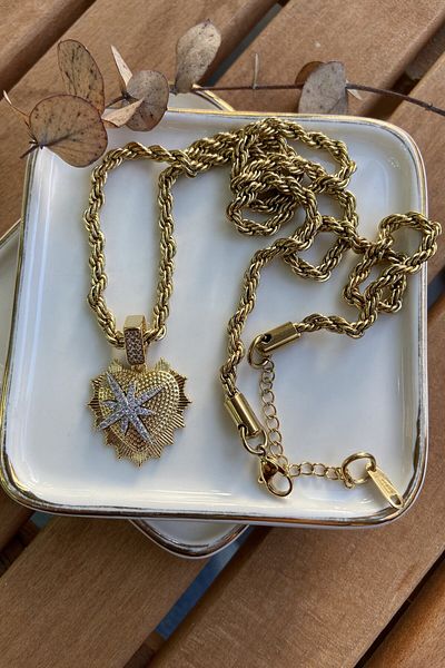 AURA ATELIER Heart Top Star Necklace in Steel Twist Chain 66cm
