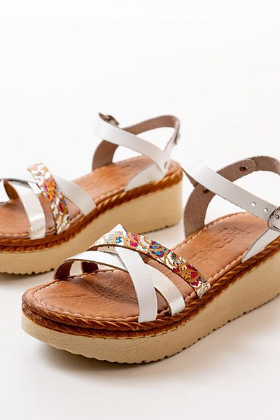 infon shoes creation 730-015 White Garni Orthopedic Genuine Leather Wedge Women's Sandals