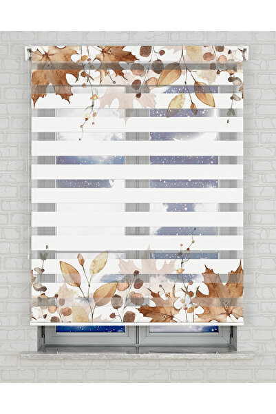 AD Home Kahverengi Yapraklar Baskılı Zebra Perde - Gece Gündüz - Salon Perdes...