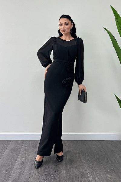 giyimmasalı Black Flower Detailed Chiffon Atlas Evening Dress