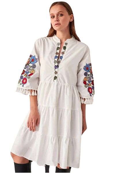 Cassime Rochie midi cu broderie florală etnică albă - Poplin Bumbac