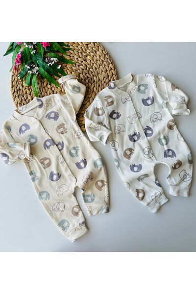bioaksesuar Newborn Mini Elephant Printed Snap Fastener Baby Girl Boy Jumpsuit Without Booties 100% Cotton Stretchy