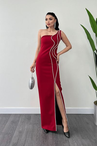 giyimmasalı Red Atlas Evening Dress with Rhinestone Stripe Detail