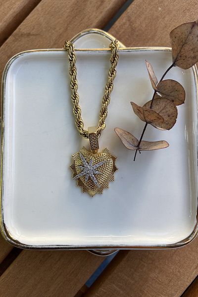 AURA ATELIER Heart Top Star Necklace in Steel Twist Chain 66cm