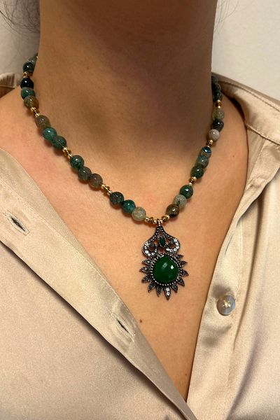 Suerte Accessories Green Natural Stone - Diamond Mounted End Necklace, Special Design Jewelry Shop