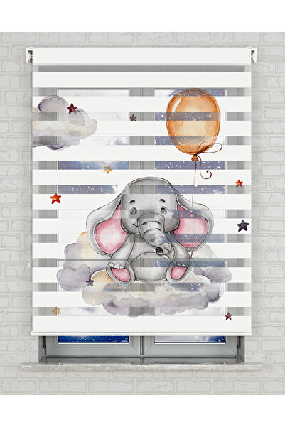 Bright Cover Gri bulutlar ve Sevimli Fil Baskılı Zebra Perde - Gece Gündüz - ...