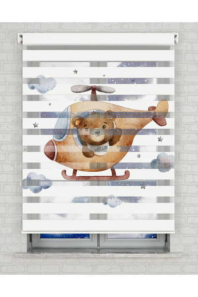 AD Home Κουρτίνα ζέβρας με στάμπα καφέ ελικόπτερο και χαριτωμένο αρκουδάκι - ...