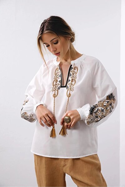 Cassime Γυναικεία Λευκή Χρυσή Ethnic Κεντημένη Μακρυμάνικη Βαμβακερή Μπλούζα