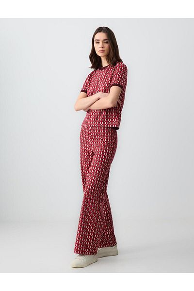 Jimmy Key Burgundy Relaxed Fit High Waist Wide Leg Knitted Patterned Trousers