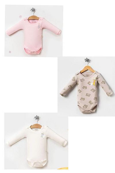 BABYİBO Baby Girl 3 Pieces 100% Cotton Long Sleeve Snap Body Bodysuit