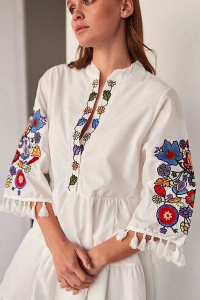 Cassime Rochie midi cu broderie florală etnică albă - Poplin Bumbac