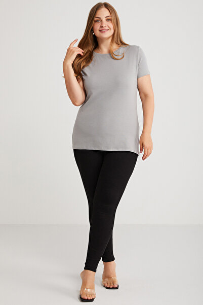 ETHIQUET Mayra Women's Slim Fit Slim Fit Crew Neck Basic Gray Plus Size T-Shirt