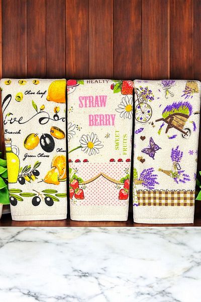 CNR Garden 3-Piece 30x50 cm Printed Towel Set - Hand and Face Towel, Kitchen Towel, Wooden Base