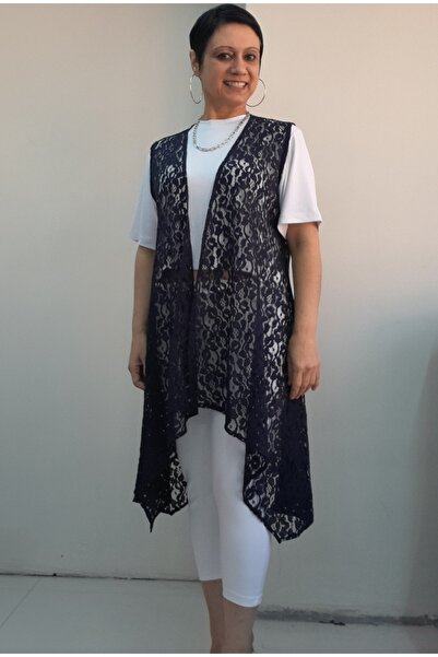 Mertcan Butik Navy Blue Asymmetrical Cutout Lace Vest