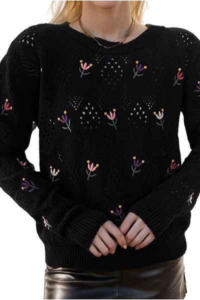 Cassime Broderie florală neagră - Pulover tricot cu mânecă lungă, cu decolteu și detaliu de găuri