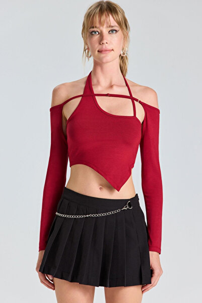 boutiquen 2459 Yakası Ip Detaylı Bordo Bluz