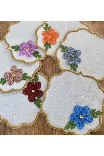Hardin 6'lı Renkli Çiçek İğne Oyalı Beyaz Renk Kahve Yanı Kokteyl Sunum Peçetesi