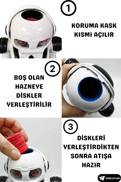 welcomein Oyuncak İnteraktif Pilli Robot Işıklı Müzikli Sesli Dans Eden Buhar Çıkartan Disk Atan Roket Atan