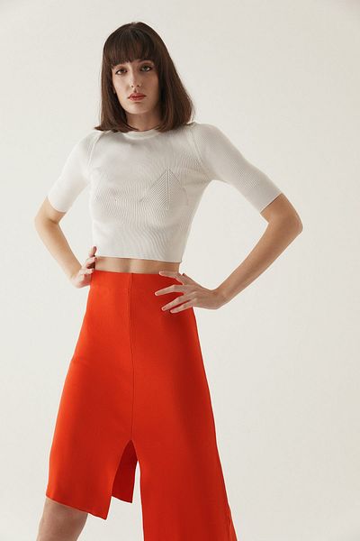 rue Ecru Crew Neck Short Knitwear Blouse