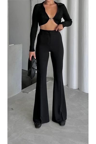 Heyya Spanish Leg High Waist Crepe Fabric Black Trousers
