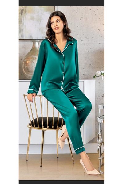 QKK Set de pijamale cu nasturi în față din satin smarald pentru femei Q.3U.1O5.K.6.KA