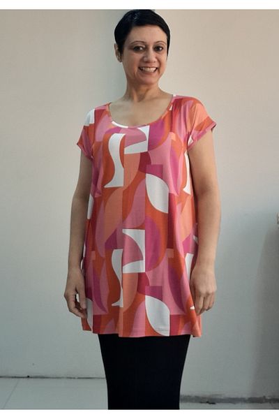 Mertcan Butik Low Sleeve Combed Cotton Viscose T-Shirt with Pink and White Orange Print Whole Size