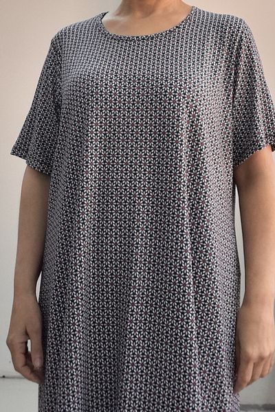 Mertcan Butik Μπλε ναυτικό φλοράλ στάμπα κοντομάνικο χτενισμένο βισκόζη φόρεμα