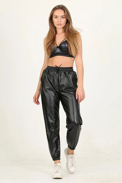modaAdora Women's Black Leather Jogger Pants with Elastic Waist and Legs