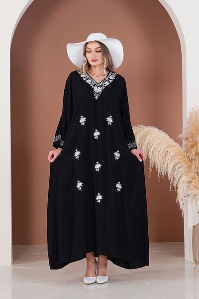 AYASOFYA OTANTIK Rochie de damă, albastru bleumarin, cu decolteu în V, cu broderie, cu detalii supradimensionate