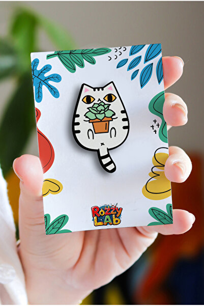 Rozzy Lab Saksı Tutan Kedi - Pin - Rozet - Broş - Yaka Çanta Aksesuar