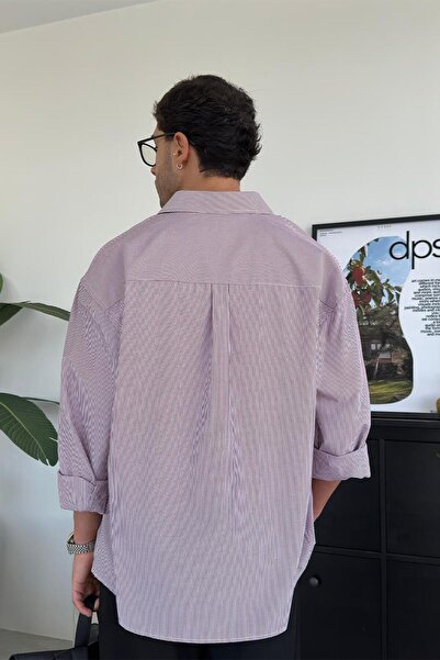 HAFKA Λεπτομέρεια κέντημα με ριγέ γιακά δαμάσκηνο Πουκάμισο Oversize