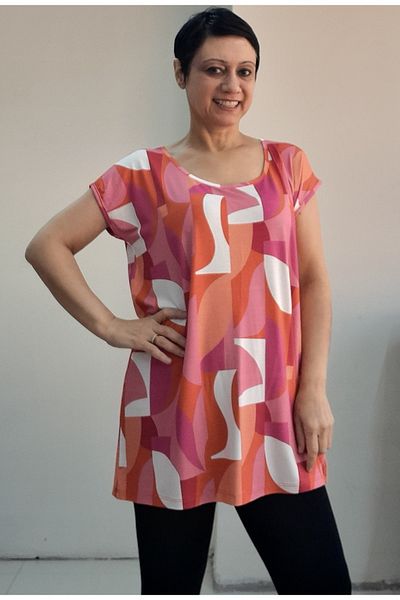 Mertcan Butik Low Sleeve Combed Cotton Viscose T-Shirt with Pink and White Orange Print Whole Size