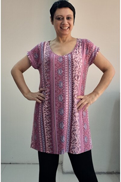 Mertcan Butik Μπλουζάκι με χαμηλό μανίκι από χτενισμένο βισκόζη με ροζ σχέδιο μέγεθος ολόκληρο