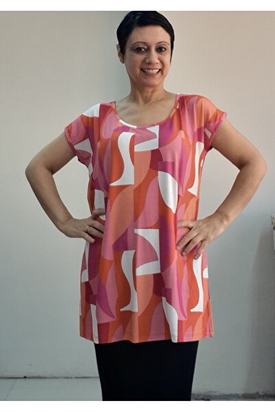 Mertcan Butik Low Sleeve Combed Cotton Viscose T-Shirt with Pink and White Orange Print Whole Size