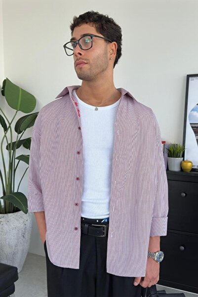 HAFKA Λεπτομέρεια κέντημα με ριγέ γιακά δαμάσκηνο Πουκάμισο Oversize