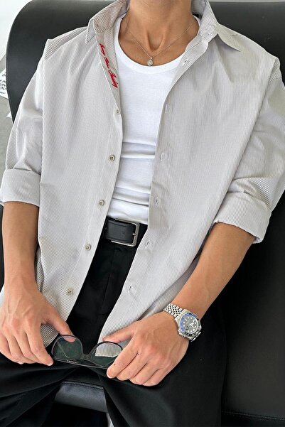 HAFKAGİYİM Stone Thin Striped Oversize Shirt with Embroidery Detail